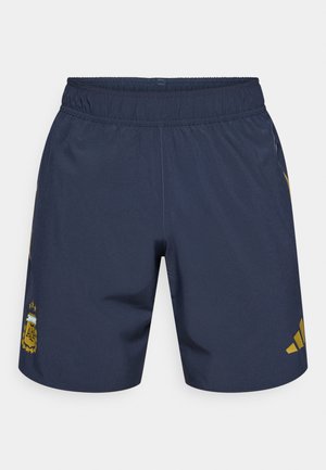 Navy athletic shorts with an elastic waistband, featuring gold accents and an emblem on the left thigh. Smooth, lightweight fabric.