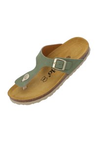 Grüne Lederflip-Flop-Sandale mit strukturiertem Fußbett, verstellbarem Schnallenriemen und einer hellen Gummisohle.