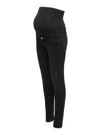 Jeans de maternité noirs avec taille haute extensible conçue pour accueillir un ventre de femme enceinte, coupe slim avec détails légèrement usés.