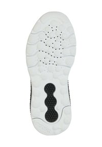 Suela de zapatilla blanca de goma con superficie texturizada, que presenta patrones circulares y ondulados. Se pueden ver detalles en negro y un logotipo.