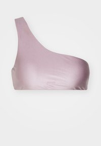 Asymmetrisk bikinioverdel med én skulder i lys mauve. Glatt, blankt materiale med en subtil logodetalj nederst.