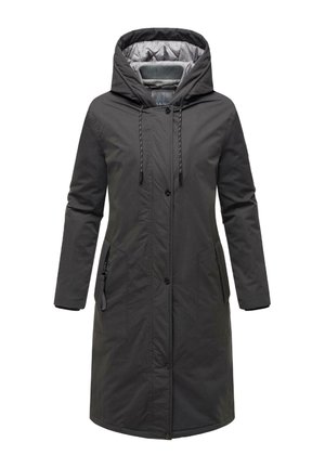 Grey polyester parka with a hood, front buttons, side zip pockets, and quilted lining. Features a straight cut and long sleeves.