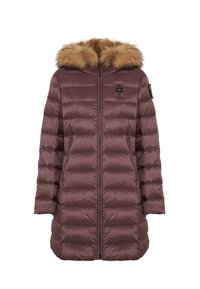 Lungo cappotto invernale imbottito marrone con zip frontale, tasche laterali e cappuccio rifinito in pelliccia, esposto su uno sfondo bianco.