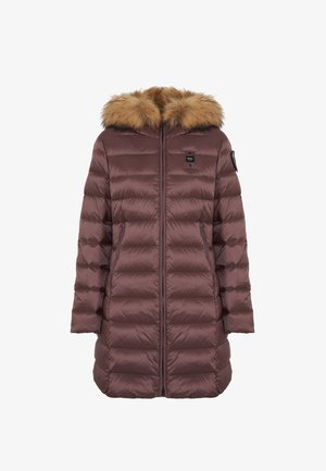 Langer brauner gepolsterter Wintermantel mit Frontreißverschluss, Seitentaschen und einer Kapuze mit Fellrand, auf einem weißen Hintergrund präsentiert.