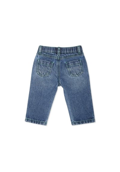 Jean en denim de couleur bleue classique, avec deux poches arrière, une ceinture élastique et des zones décolorées pour la texture. Design à coupe droite.