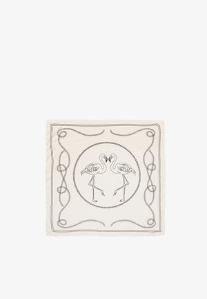 Cremefarvet firkantet tørklæde med sort linjetegning af to modstående flamingoer inden i en rebcirkel, omkranset af et snoet rebmønster.