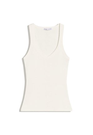 Ärmelloses weißes geripptes Tanktop mit tiefem Rundhalsausschnitt, figurbetonter Silhouette und schmalen Schulterträgern.