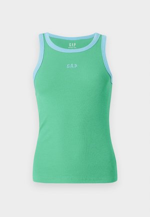 Green ribbed tank top featuring light blue trim and "GAP" logo in light blue on the front. Sleeveless design with a fitted shape.