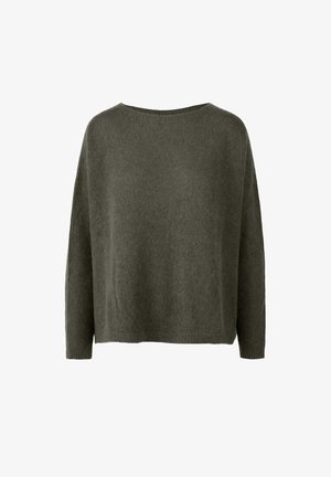 oliwkowy dzianinowy sweter o luźnym kroju, szerokim dekolcie i długich rękawach. Miękka tekstura z bezszwowym wykończeniem i bez widocznych zapięć.