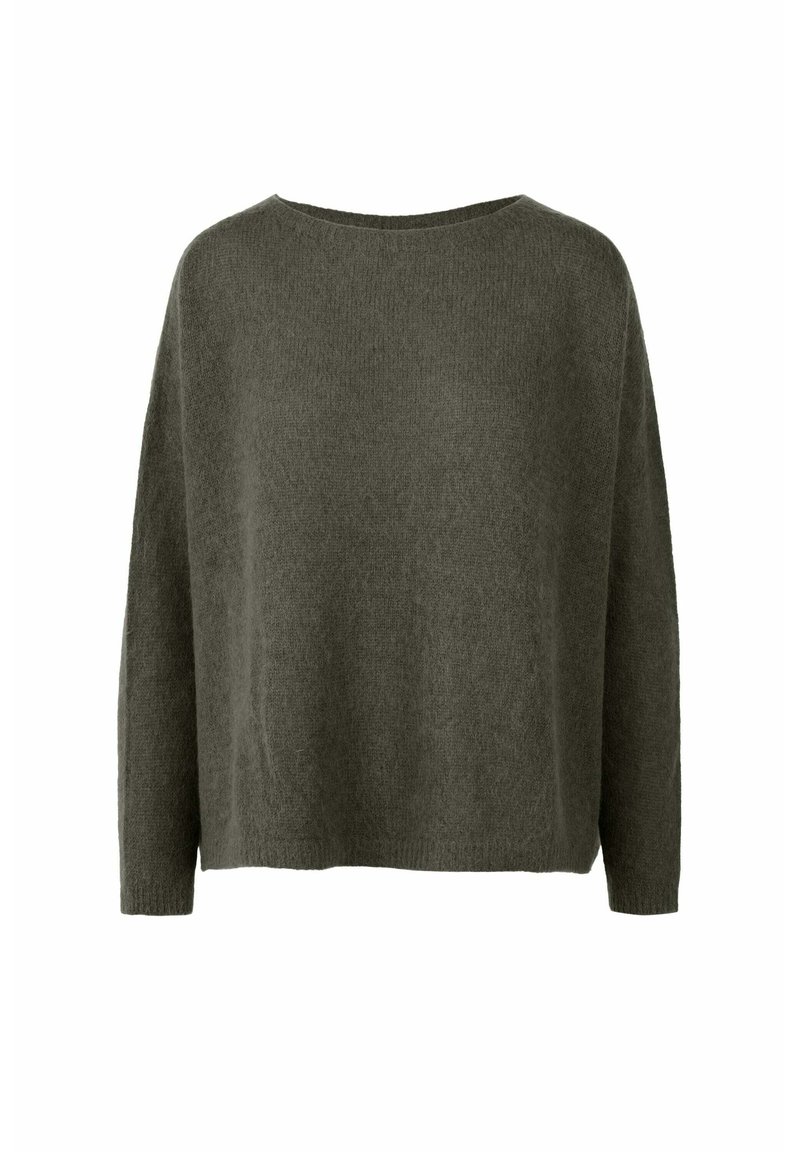 Maglione a maglia verde oliva con una vestibilità ampia, scollo largo e maniche lunghe. Texture morbida con un design senza cuciture e senza chiusure visibili.