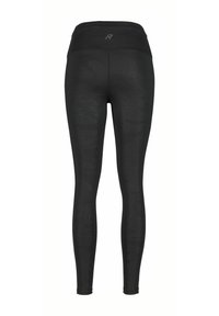 Černé sportovní legíny s širokým pasem, texturovanou tkaninou s jemným vzorem a tvarovaným, zúženým střihem.