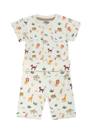 Korte mouwen, crème katoenen pyjama set met dierenpatronen, waaronder leeuwen, olifanten en giraffen, met groene en bruine accenten.
