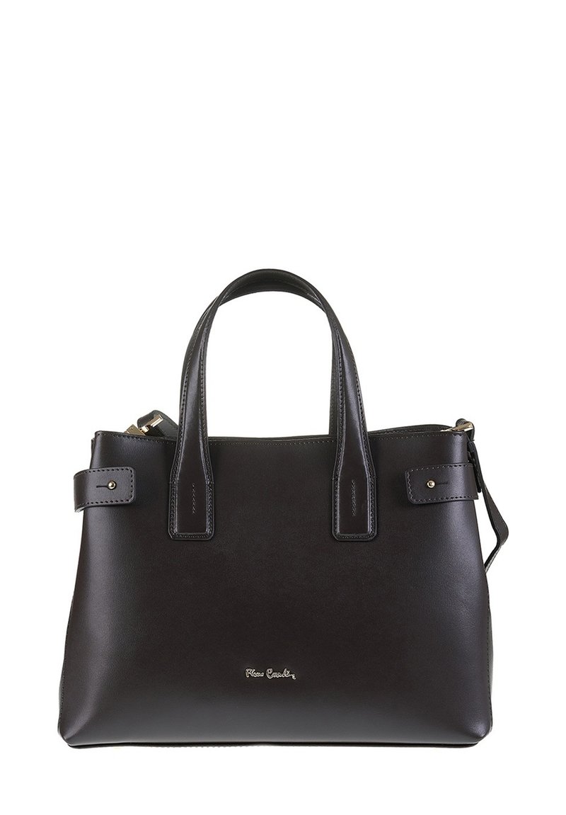 Zwart leren handtas met dubbele handvatten bovenaan, gegraveerd merkembleem en een afneembare schouderriem. Beschikt over minimale hardware met een strak, gestructureerd ontwerp.