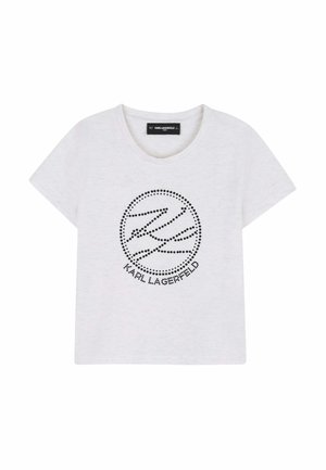 Camiseta blanca de manga corta con cuello redondo, que presenta un logo circular de puntos y el texto "KARL LAGERFELD" en el frente.