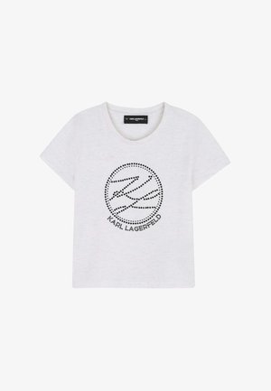 Camiseta blanca de manga corta con cuello redondo, que presenta un logo circular de puntos y el texto "KARL LAGERFELD" en el frente.