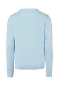 Lichtblauwe, gebreide trui met lange mouwen, een ronde hals en een geribbelde zoom. Soepele textuur met een eenvoudig, effen kleurontwerp.