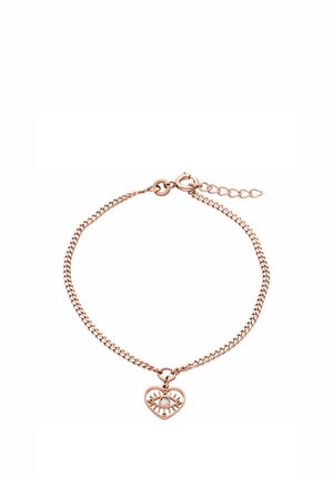 Armband aus roségoldener Kette mit einem herzförmigen Anhänger, der ein Augendesign und einen kleinen zentralen Kristall zeigt, mit verstellbarem Verschluss.
