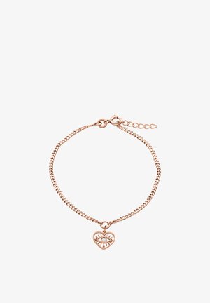 Armband aus roségoldener Kette mit einem herzförmigen Anhänger, der ein Augendesign und einen kleinen zentralen Kristall zeigt, mit verstellbarem Verschluss.