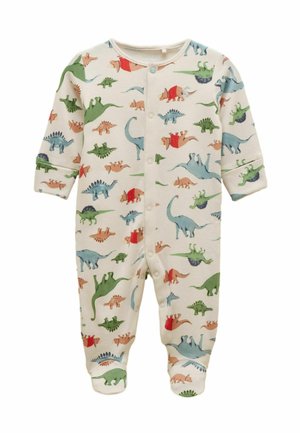 Kreemikas värvi beebikombinesoon, millel on trukkidega kinnitused, kaetud värvikate dinosauruse illustratsioonidega rohelises, sinises, oranži ja punases toonis, pikad varrukad ja jalad.