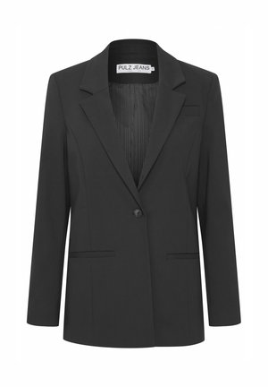 Sacou negru cu un singur nasture, revere decupate, două buzunare frontale și căptușeală interioară cu dungi, etichetat Pulz Jeans, mărimea medie.