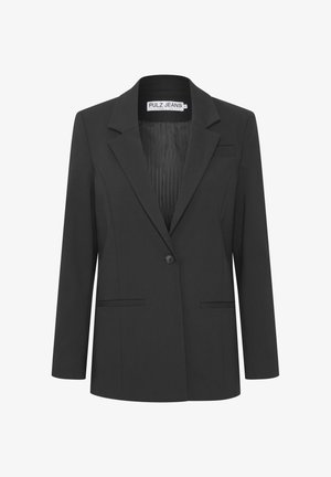 Zwarte eenknopsblazer met inkeping revers, twee voorzakken en gestreepte binnenvoering, met label Pulz Jeans, maat medium.