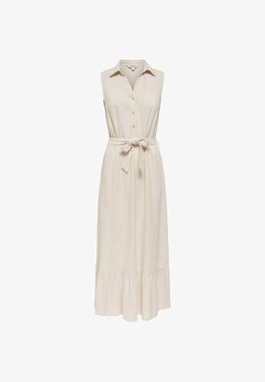 Bezrukávové béžové midi šaty s golierom, prednými gombíkmi, látkovým opaskom previazaným v páse a volánovým lemom.
