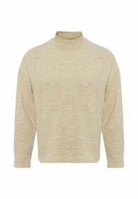Beige geribde trui met een hoge hals, brede mouwen en een zachte textuur. Heeft een losse pasvorm en een minimalistisch ontwerp.