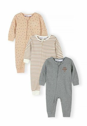 Trzy pajacyki dla niemowląt z długim rękawem i zamkami z przodu: beżowy w kropki, biały w brązowe paski oraz jednolity szary z małym napisem.