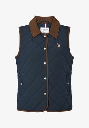 Tűzött tengerészkék mellény barna kordbársony gallérral, ezüst patentgombokkal és oldalzsebekkel. Mellrészen hímzett logóval.