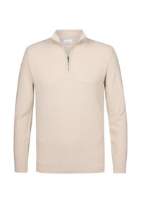 Maglione a maglia beige chiaro con colletto a mezza zip, maniche lunghe e tessuto texturizzato. Finitura liscia con polsini e orlo a costine.