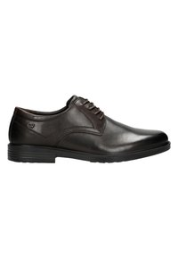 Scarpa da dress in pelle marrone con finitura liscia, punta arrotondata, cuciture sottili e suola in gomma nera. Presenta lacci tradizionali e un branding minimo.