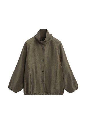 Veste olive boutonnée avec col montant, manches longues bouffantes, poignets et ourlet élastiqués et froncés.