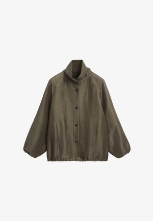 Veste olive boutonnée avec col montant, manches longues bouffantes, poignets et ourlet élastiqués et froncés.