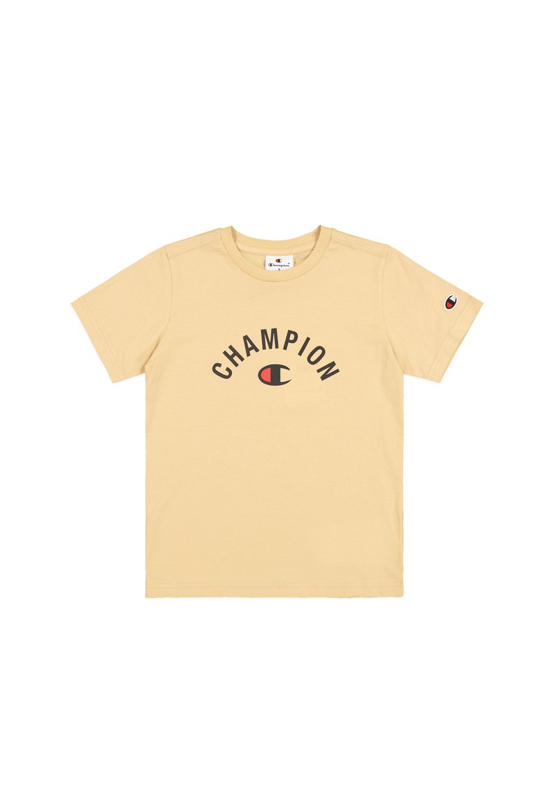 Camiseta de algodón amarilla con un logo negro de "CHAMPION" y detalles en rojo, cuello redondo, mangas cortas y un pequeño logo en la manga.