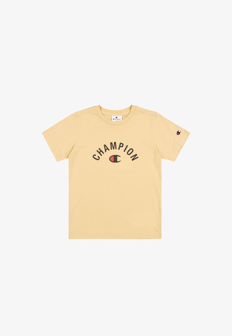 Geel katoenen T-shirt met een zwart "CHAMPION" logo en rode accenten, ronde hals, korte mouwen en een klein logo op de mouw.
