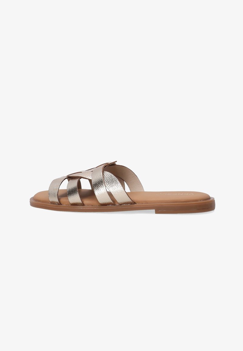 Metallic gold slide sandals with four wide straps, a smooth flat sole in light brown, textured upper material, and no visible hardware.