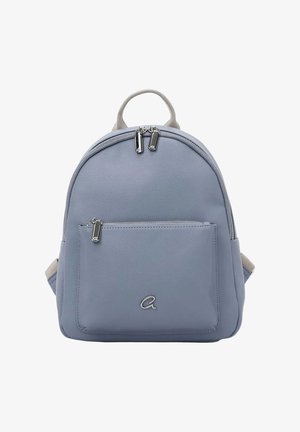 Zaino compatto azzurro chiaro con tasca frontale con cerniera, cerniere argento e piccolo logo "a" argentato sulla tasca, maniglia e spallacci beige.