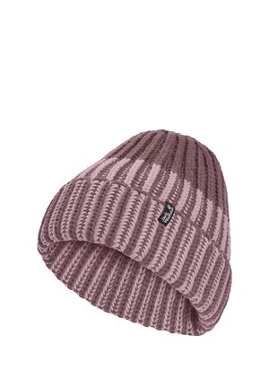Gebreide muts met omgeslagen boord in mauve en lichtroze strepen, met een klein zwart stoffen label met merknaam.
