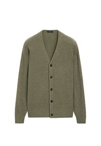 Cardigan lavorato a maglia verde oliva con scollo a V, maniche lunghe, polsini e orlo a costine, e cinque bottoni neri davanti.