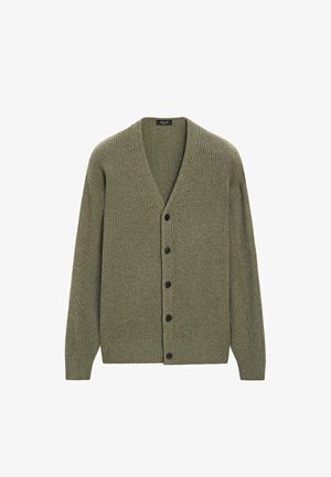 Olivově zelený pletený cardigan s výstřihem do V, dlouhými rukávy, žebrovanými manžetami a lemem a pěti černými předními knoflíky.