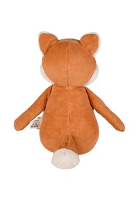 Orange plush fox toy with corduroy texture, soft white accents on ears, face, and tail. Features stitched details and tag on the side.