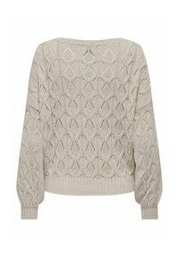 Pull en tricot beige avec un motif texturé de feuilles, manches longues, poignets côtelés et ourlet côtelé, vu de dos.