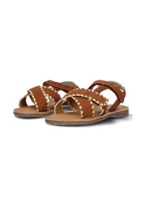 Bruine suede sandalen met kruislings aangebrachte banden, decoratieve witte stiksel, open neusontwerp en platte zolen. Glad leren voetbed.