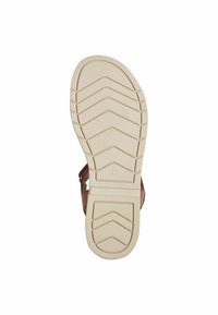 Infradito marroni con cinturino regolabile; suola in gomma bianca con pattern antiscivolo e numero di scarpa contrassegnato come 37; materiale superiore liscio.