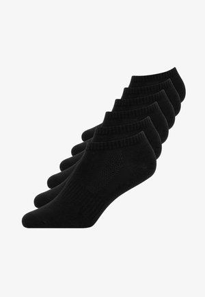 Mustat nilkkasukat, viisi paria. Valmistettu pehmeästä kankaasta, jossa on uritettu varsi ja verkkodetaljit hengittävyyden parantamiseksi. Liukas pinta koko matkalta.