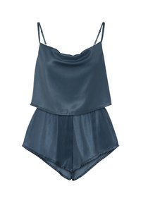 Mėlynas satino camisole ir šortų komplektas su reguliuojamomis petnešėlėmis, pasižymintis laisvu siluetu, krentantį iškirpčių ir šilkine tekstūra.