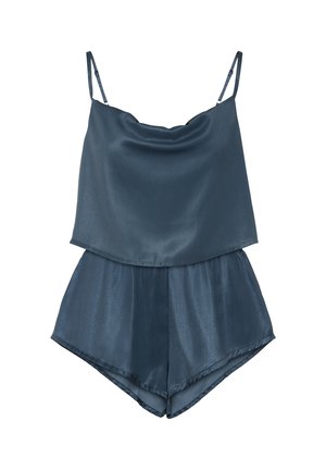 Set di canotta e pantaloni corti in satin blu con spalline regolabili, caratterizzato da una vestibilità rilassata, scollatura drappeggiata e una texture setosa e liscia.