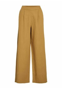Pantalones de pierna ancha en un color amarillo mostaza, fabricados en una tela ligera. Presentan un frente plano con pliegues y una cinturilla elástica.