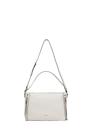Borsa rettangolare bianca con due tasche laterali con cerniera, tracolla regolabile e manico più piccolo, con la scritta LUJO in oro.