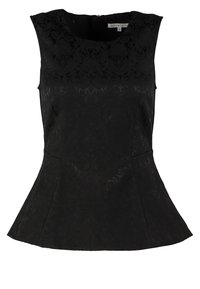 Top peplum nero realizzato in tessuto testurizzato, con scollatura rotonda e senza maniche, caratterizzato da dettagli sottili nel motivo.
